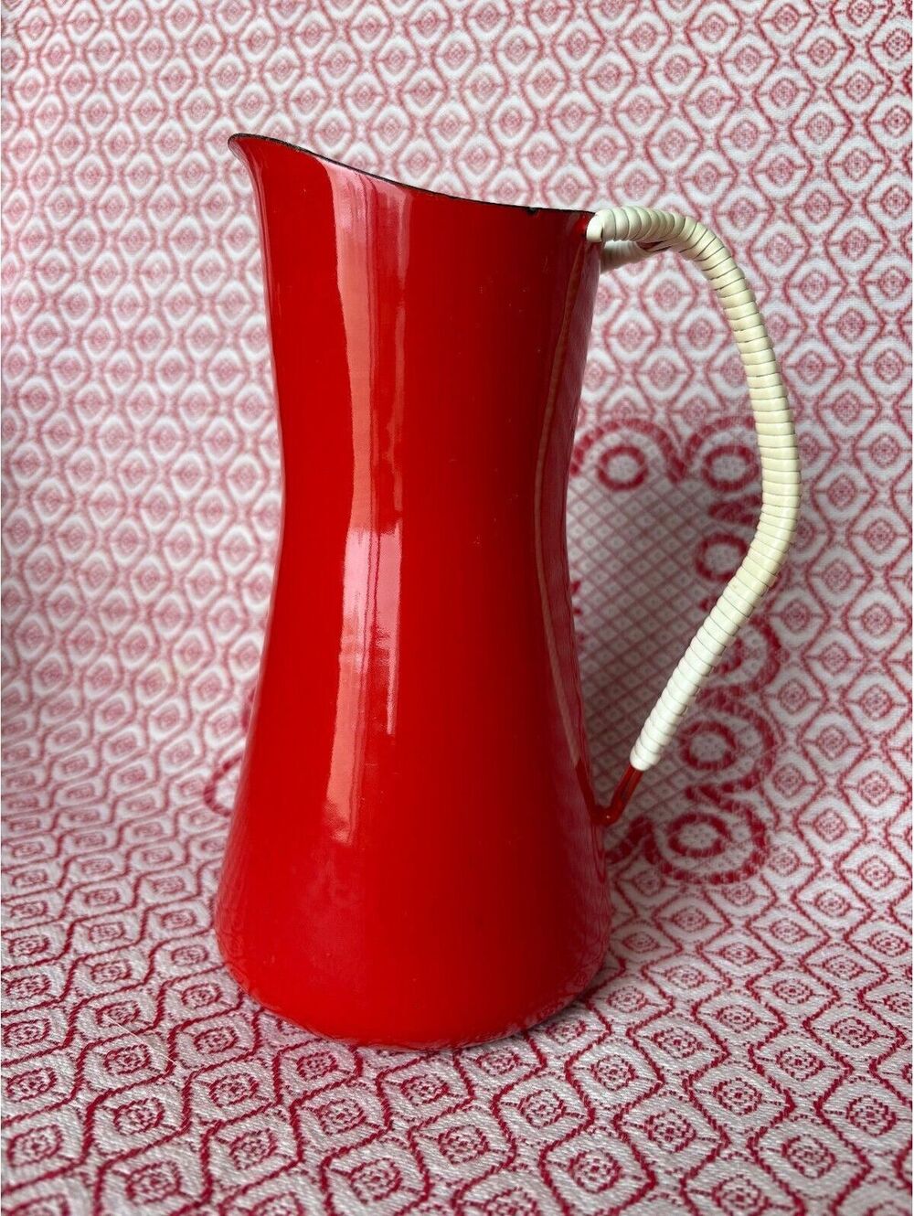 Vtg 50s Dansk Kobenstyle Red Enamel Pitcher wicker wrap four ducks mcm